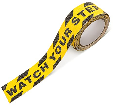 Huakaile Watch Your Step Caution Tape 1.97in x 16.4Ft, Non-Skid Yellow Black Waterproof Anti-Slip Safety Grip for Stairs Steps Ladder, Indoor Outdoor Treads (A)