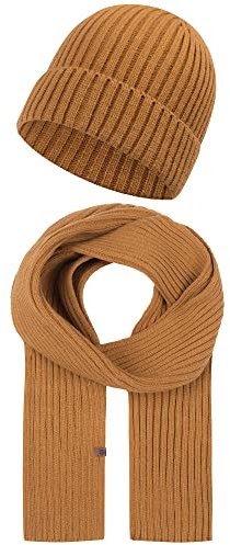 Indicode Unisex Geyser Winter-Set Mütze & Schal | Strick Wintermütze Winterschal Camel OS