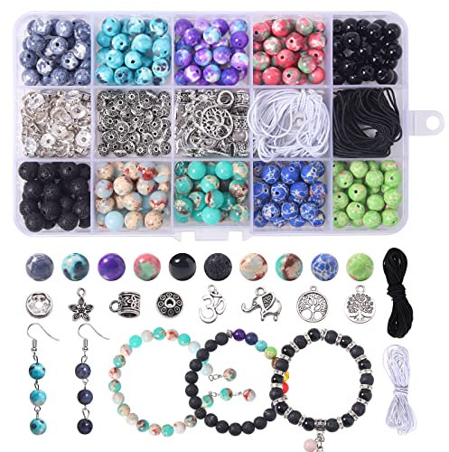Colle 419 pcs Perles pierre de Lave, 8mm Perles Chakra pour Fabrication Bracelets, Kit Perles en Pierre Naturelle avec Perles d'espacement, Kit de Bricolage