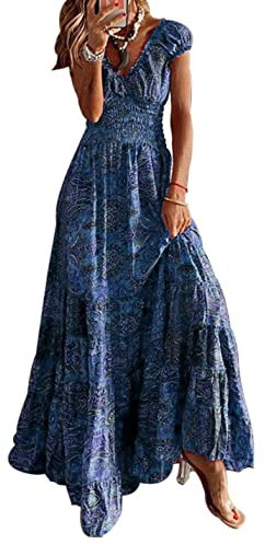 ABYOVRT Robe Maxi D'été pour Femme Bohème Robe de Vacances Col V à Fleur Manches Courtes Robe de Soiree Party Plage(Bleu,S)