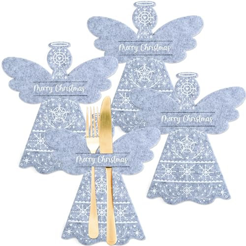 Papierdrachen 4 Filz Besteckhalter - Motiv Engel - in Farbe grau mit hochwertiger Bedruckung - Weihnachtdekoration - Festliche Tischdekoration - 8