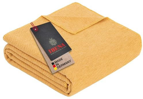 Ibena Charlotte Bio Strickdecke 140x200 cm - 100% Baumwolle, Made in Germany, Baumwolldecke mit Struktur gelb