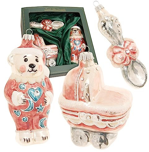 Krebs Glas Lauscha - Weihnachtsbaumanhänger aus Glas - My First Christmas Set - Menge: 3 Stück - Motive: Bär, Kinderwagen und Löffel - Farbe: Rosa - Größe: 12-16 cm