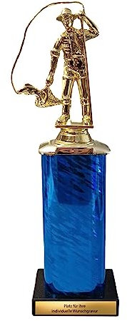 eberin · Angler Pokal · Angler | Fisch | Angel Gold auf Säule Blau · XL Angel Pokal · großer Angelsport Pokal mit oder ohne Gravur ·