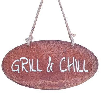 kreativherz - Gartenschild mit Spruch „GRILL & CHILL“ in Rost-Optik Metall - Hängeschild Gartenschilder für Draußen/Outdoor wetterfest - Rostige Gartendeko Spruchtafel - Garten Deko-Schild: 35x18cm