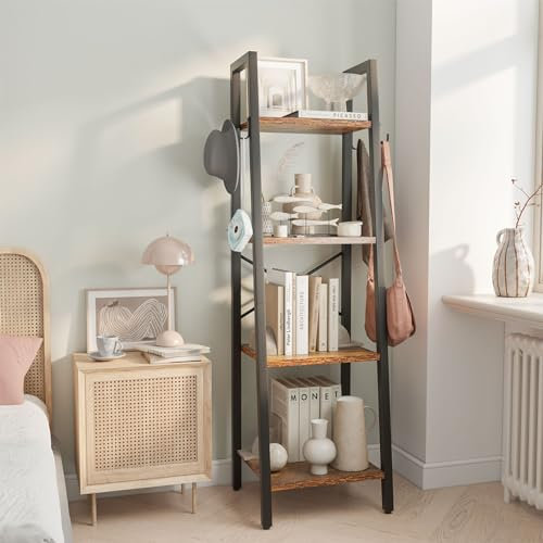 YMYNY 4 Tier Ladder Bookshelf, Height 125CM Bookcase, Freestanding Storage Organiser Shelves, Shelving Unit for Living Room Bedroom, Kitchen, Plant Stand, Industrial, Rustic Brown HBC024H