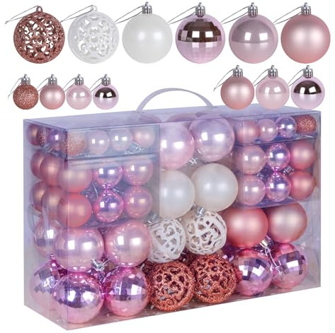 Blanc Boules de Noël Rose,ilauke 100 Décoration Boules de Noël en Plastique Incassable,Ornements Décoratifs Pendentifs Cadeaux en Plastique pour Arbre de Noël Boules de Sapin de Noël Ø3cm,Ø4cm,Ø6cm