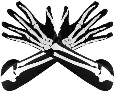 Sibba Handschuhe Halloween Hände Kostüme 1 Paar Geist Cosplay Schädel Krallen Horror Knochen Gruselig Volle Lange Finger Party Dekor Reiter Fäustlinge Erwachsene Frauen Männer (Schwarz, Lang)