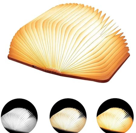 Golleskk Wooden Book Light, 360° Foldable Rechargeable Elegant Indoor Decorative LED Lamp, Three Color Modes for Home, Office, Library Decor, Gift (Medium Walnut)