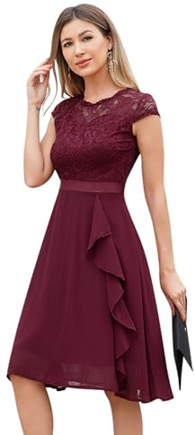 Odizli Cocktailkleid Damen Elegant Kurzarm Spitze Rüschen Chiffonkleid Festlich Hochzeit Kurz Abendkleid