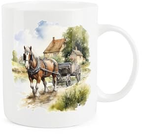 Purely Home Shire Horse Farm Mug - Painted Watercolour Cart Pulling Village Gift Present - Tea Coffee White Bone China Mug