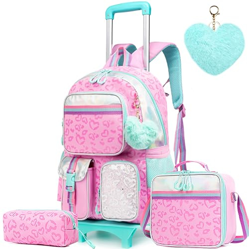Meetbelify Rucksack mit Rädern für Mädchen Rollender Rucksack Niedlicher kawaii Handgepäck mit Brotdose für Grundschüler Teenager Mädchen Gepäck Reisekoffer 8-10 Rosa Liebe