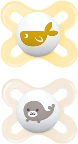 MAM Original Start Soothers | 0-2 Months | 2 Pack | Newborn Dummies | Comes in Dummy Steriliser Case | Sustainable Materials | Baby Accessories for Newborn | Cream (Various Designs)