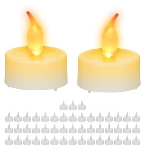 Relaxdays Velas Led Pequeñas Set de 50, Tea Lights, Redondas, Eléctricas, Parpadeantes, sin Llama, 4,5 x 3,5 cm, Blanco