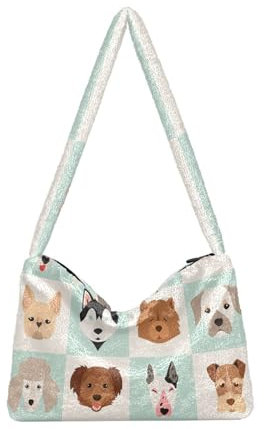 Mnsruu Flauschige Tragetasche aus Kunstfell, niedliches Hundemotiv, Fell-Handtasche mit Reißverschluss, weicher Plüsch, Umhängetasche, flauschige Tasche für Damen und Mädchen, A2832, Large