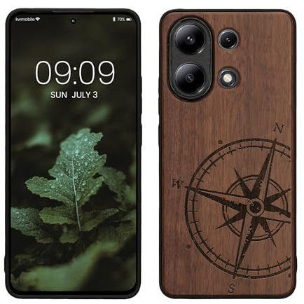 kwmobile Hülle kompatibel mit Xiaomi Redmi Note 13 4G Hülle - Holz Case - Handy Cover - TPU Handyhülle in Dunkelbraun Kompass Vintage
