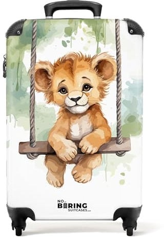 NoBoringSuitcases.com® Koffer Kinder Groß 67x43x25 cm Reisekoffer Kinderkoffer 4 Rollen Leicht Kindertrolley Mittelgroß Reise Hartschalenkoffer Löwe - Schaukel - Blätter