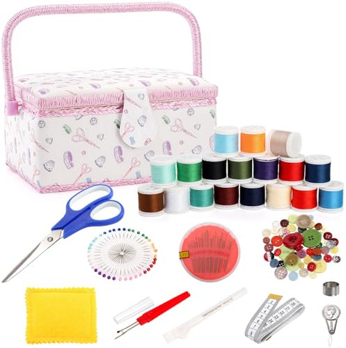 Dicunoy Sewing Box Organiser with Accessories, Large Wooden Sewing Kit Storage and Organizer Basket, Vintage Sewing Baskets with Removable Tray for Adults, Sewing Mending, Beginner, Floral Print, Pink