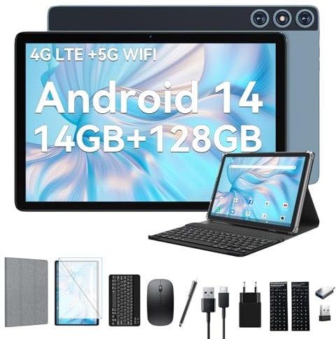 2025 Neueste Android 14 Tablet 10 Zoll,4G LTE Tablets Mit 2 SIM 1 SD slot,5G Wifi Tablets PC Mit 14GB+128GB(1TBTF),3-in-1 Tablet Mit Tastatur Maus-Octa-core,1080FHD,13MP+8MP,7000mAh,GPS/OTG-Blau