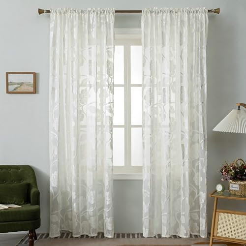 Durchsichtige Vorhänge Transparent, Gardinen Vorhang 2er Set ohne Stange 102x160CM mit Blumen Jacquard Vorhang Milchig Weiß Vorhänge für Wohnung