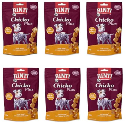 Rinti Chicko Plus Käse Würfel | 6er Pack | 6 x 80 g | Leckerli für Hunde | Hühnerbrustfilet mit herzhaften Käsestückchen | Schonend luftgetrocknet ohne Zusatzstoffe