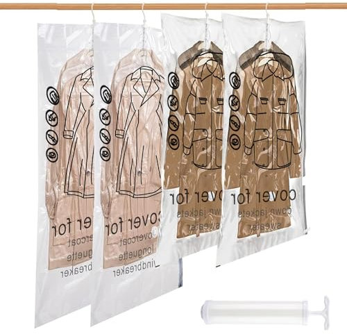 Vakuumbeutel für Kleidung, 4 Stück Hängende Vakuumierbeutel, 2 Stück 135x70cm, 2 Stück 110x70cm, Vacuum Bags for Clothing mit Pumpe für Anzüge, für Anzüge, Mäntel, Jacken