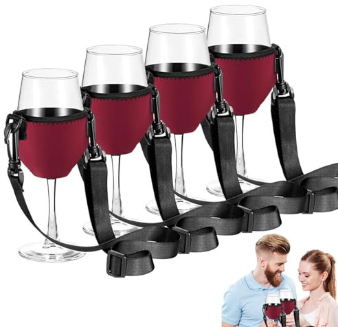 Generic Wine Glass Carrier | Portable Hanging Drink Holder Insulator | Bar Accessories Cloth Sleeve with Adjustable Neck Strap Decorative Chain Wine Holder 4 for Women Men