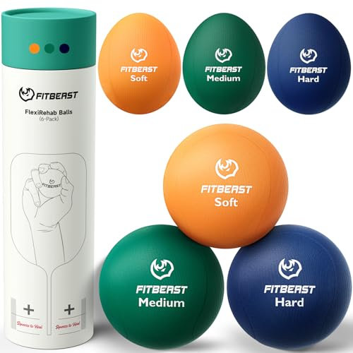 FitBeast Stressbälle, 6er-Pack Stressabbau, Stärkung und GriffBälle, enthält 3 eiförmige und 3 runde Bälle, weiche bis harte Widerstandsstufen (6-teiliges Set – Orange, Wald, Marineblau)