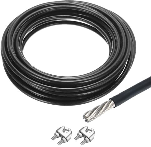 QUARKZMAN 10m Cable de Acero Inoxidable 304, 8mm OD Kit de Cuerda de Alambre con 2pcs Tornillo Mandril PVC Recubierto para Cuerda Tendedero, Suspensión, Planta Soporte, Negro