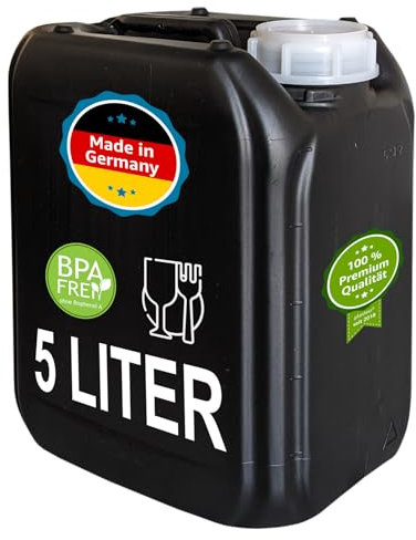 plasteo® Bidon de 5 litres noir avec couvercle blanc - Pour camping - Convient à un usage alimentaire - Sans BPA - Portable, empilable et stable - 290 g - Pour l'intérieur et l'extérieur - Noir