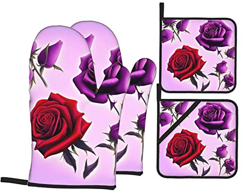 Set di 4 guanti da forno e presine con rose rosse e viola per la massima sicurezza e praticità in cucina