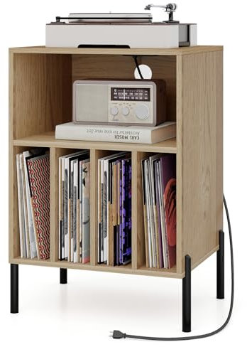 COSTWAY Meuble Tourne-Disque Vinyle avec Prise, Support Platine Vinyle pour 150 Albums, Station de Charge, 2 Ports USB, Ports Type-C, 4 Séparateurs, Bout de Canapé avec Compartiment (Naturel)