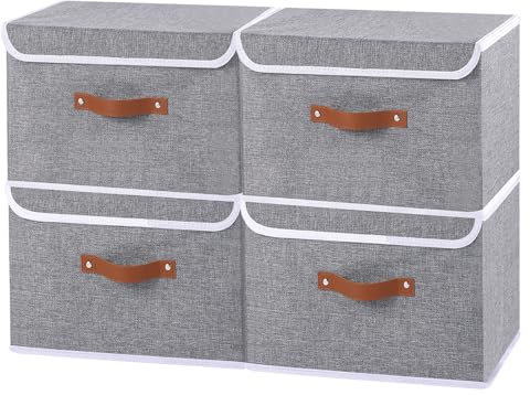 OUTBROS 4-Teilige Aufbewahrungsbox, Korb Aufbewahrung, Kisten Organizer Mit Deckel, Stoff Aufbewahrungswürfel mit Griff, Lagerraum für Kleidung im Schlafzimmer, 33 x 23 x 20 cm, Grau