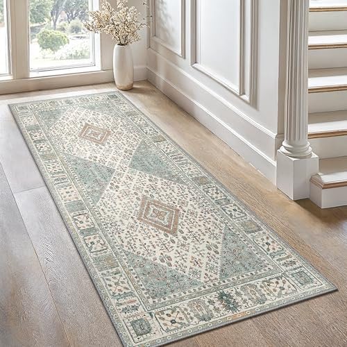 GENIMO Boho Teppich Schlafzimmer 60x120cm Läufer Rutschfester Teppich Küche Kurzflor Flur Läufer Waschbar Teppiche für Bad Eingang, Grün