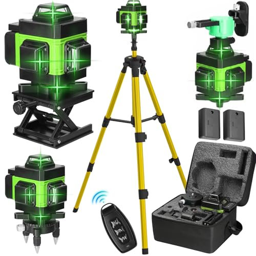 Niveau Laser 360 Autonivelant, Lazer Niveaux Vert 4 x 360°, Niveau laser 4D 16 lignes Auto-nivelant, Laser Chantier, IP54 Waterproof, avec 2 * 2600 mAh Batteries et Télécommande (avec Trépied)