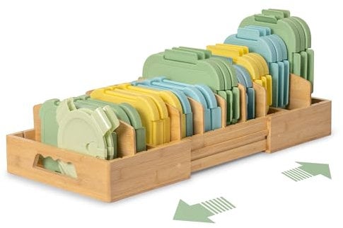 Becko US Expandable Pot Lid Oragnizer Rack/Holders, Adjustable Rooms for 7 Dividers, Bamboo Cabiner Storage Baking Pan, Tray Organizer for Kitchen Storage