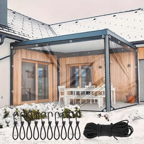 HUAESIN 3x4m Clear Tarpaulin Waterproof Heavy Duty 440g/m² Large PVC Clear Tarp with Eyelets, Elastic Rope, Bungee Cords with Hooks Transparent Tarpaulin Plastic Sheet Cover for Gazebo Garden