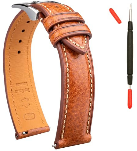 Gomvadr Leder Uhrenarmband pflanzlich gegerbtes Top-Grain-Lederarmband, 16 18 19 20 21 22mm Schnellspanner-Ersatzarmbänder (Cognac/Silberne Schnalle/Kontrastnaht, 20mm)