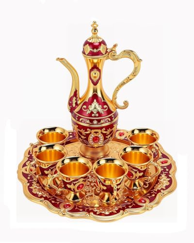 Vintage Türkische Kaffeekanne Tassen Set mit Tablett und 6 Tassen Retro Kaffeekanne Tassen Set Exquisite Weinkanne Set Dekoratives Vintage Teeservice Set für Home Party Decor (Rot)