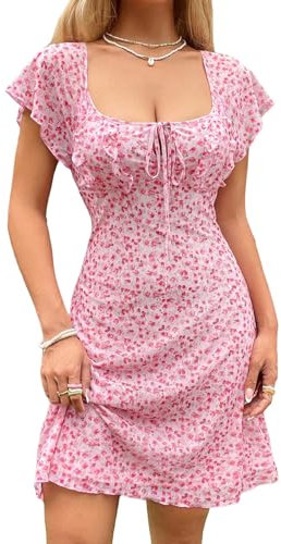 GORGLITTER Women's Floral A Line Flared Short Dress Scoop Neck Tie Front Cap Sleeve Vacation Dresses Floral Pink X-Large