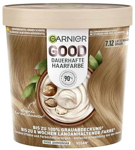 Garnier GOOD Dauerhafte Haarfarbe 7.12 Latte Macchiato Braun – Coloration ohne Ammoniak, bis zu 100% Grauabdeckung, 1 Stk.
