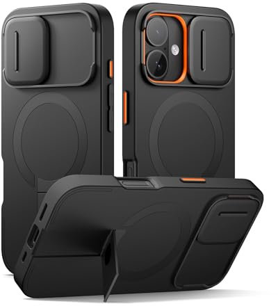 SURITCH Magnetic Case Compatible with iPhone 16, Shockproof Protective Cover with Slide Camera Cover and Adjustable Kickstand(Black)