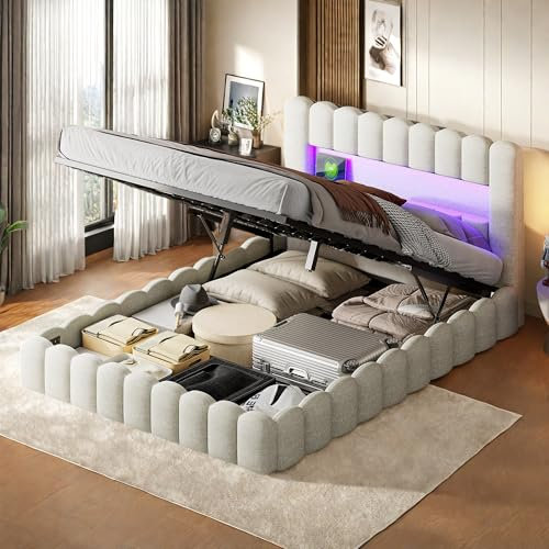 Polsterbett Bubble Bett 180 x 200 cm, Doppelbett mit Hydraulisch Stauraum, Stauraumbett mit USB-Ladefunktion und LED-Beleuchtung, Bettgestell Bett mit Lattenrost Jugendbett,Ohne Matratze, Beige