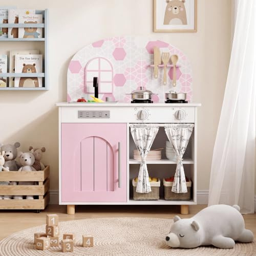 MAMIZO Wooden Play Kitchen, Toddler Toy Kitchen, Children's Playset | Realistic Light & Sound, 5 Pcs Accessories, Simulated Gas Cooker, Clicking Knobs, Faucet, Storage Cabinets, for Ages 3+
