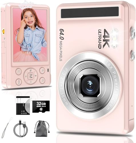 4K Digital Camera, 64MP 2.8 Inch UHD Compact Cameras with 16X Digital Zoom, Autofocus Selfie Rechargeable Vlogging Cameras with 1200mAh Battery, 32GB Card, for Teens Students Kids Boys Girls