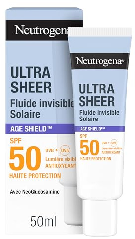 Neutrogena – Fluide Solaire Invisible Ultra Sheer Anti-Âge SPF 50 UVB + UVA (50 ml) – Crème solaire visage antioxydante avec NeoGlucosamine – Absorption rapide, réduit les taches et prévient les rides
