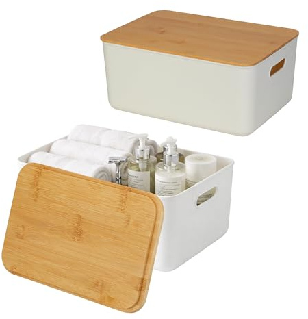 Relaxdays Aufbewahrungsbox, 2er Set, mit Deckel, Kunststoff & Bambus, mit Griffen, Organizer, HBT: 16 x 36 x 25 cm, weiß