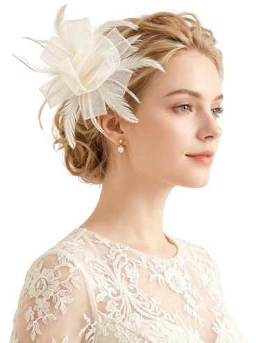 Crémevit Fascinator för Damer, Blomma Fjäder Mesh Håruppsättning med Clip, Huvudbonad för Bröllop, Galopp och Cocktailparty
