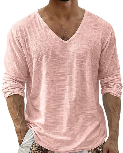 T-shirt d'été léger et décontracté à manches longues et col en V pour homme en coton et lin