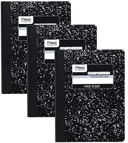 Mead Composition Notizbuch, breit liniertes Papier, 24 x 19 cm, 100 Blatt pro Notizbuch, schwarzer Marmor (38301), 3 Stück